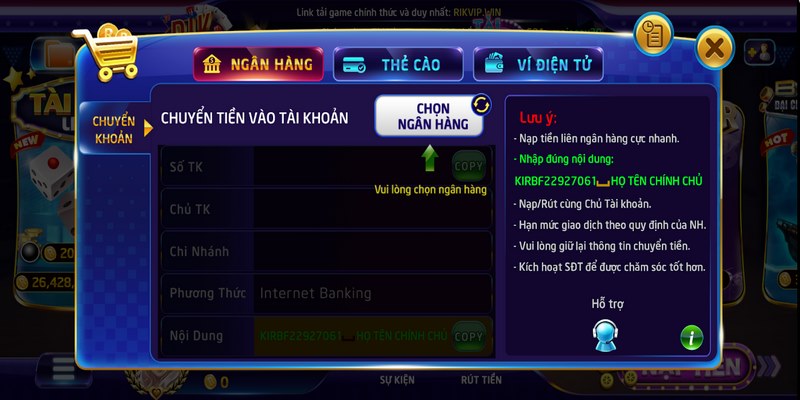 nap tien rikvip 2 Nạp tiền Rikvip thông qua chuyển khoản ngân hàng
