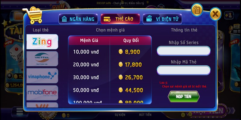 nap tien rikvip 4 Phương thức nạp tiền Rikvip bằng thẻ cào đơn giản