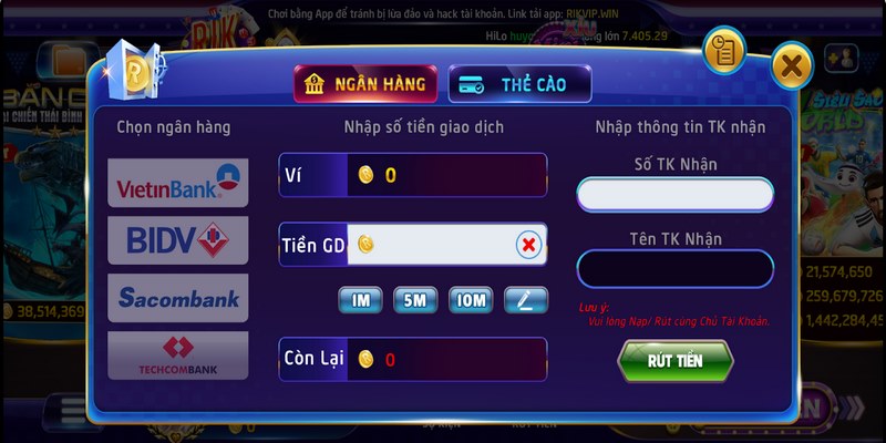 rut tien rikvip 2 Thao tác rút tiền Rikvip thuận tiện trên máy tính